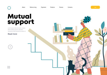 Mutual Support: Book Swap -modern flat vector concept illustration of a woman leaving books on a shelf in hallway for neighbors A metaphor of voluntary, collaborative exchanges of resource, services