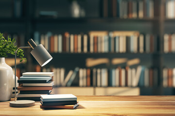 Contemporary library setting with lamp illuminating a stack of books. Study and knowledge concept. 3D Rendering - obrazy, fototapety, plakaty