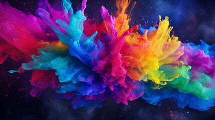 Obraz na płótnie Canvas Holi color paint splatter powder festival explosion burst powder wide background, wallpaper 16:9.