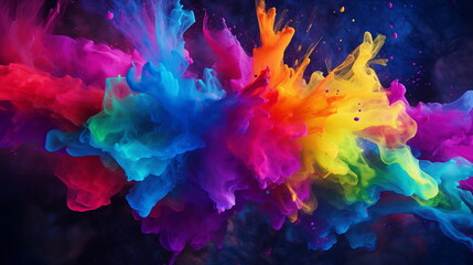 Fototapeta na wymiar Holi color paint splatter powder festival explosion burst powder wide background, wallpaper 16:9.