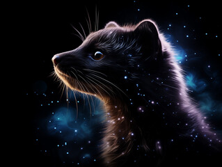 A Double Exposure Style Silhouette of a Ferret with a Space Scene Background