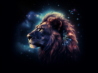 A Double Exposure Style Silhouette of a Lion with a Space Scene Background