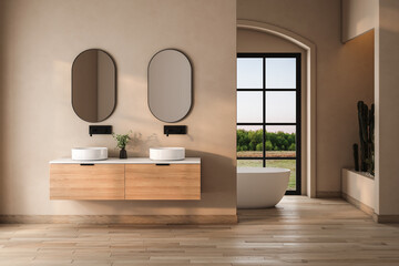 Beige bathroom interior with double sink and mirror, carpet on hardwood floor, bathtub, plants. Bathing accessories and window in hotel studio. - obrazy, fototapety, plakaty