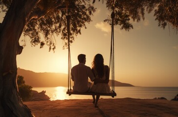 a couple sits on a swing on the beach, - obrazy, fototapety, plakaty