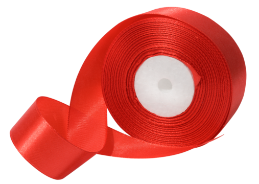 A spool with a red silk ribbon on a white isolated background, an object for decoration