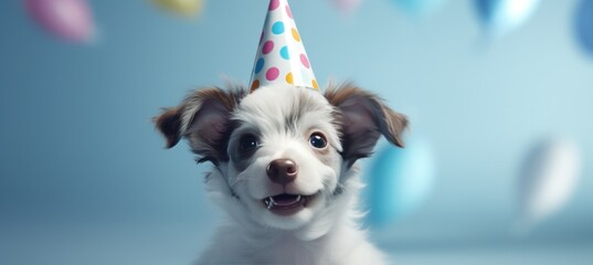 a dog in a party hat is blowing out his nose,