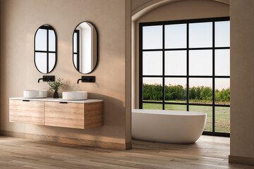 Beige bathroom interior with double sink and mirror, carpet on hardwood floor, bathtub, plants. Bathing accessories and window in hotel studio. - obrazy, fototapety, plakaty