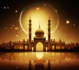 a golden arabic backdrop with mosque and crescent moon,