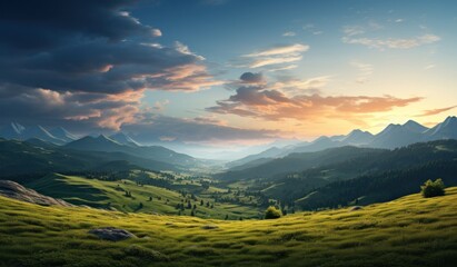 Naklejka na ściany i meble a grassy mountain landscape with sunset in the distance,