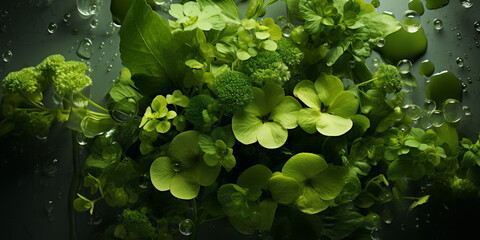 Top view, abstract watercress - vibrant green with a peppery hue, background, color of the year