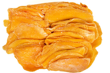 Top view of pressed dried mango slices on white background.