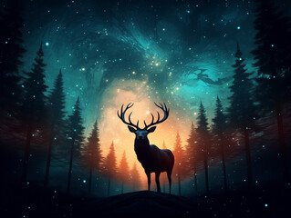A Double Exposure Style Silhouette of an Elk with a Space Scene Background