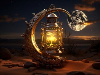 a lantern light in the desert with the moon and crescent,