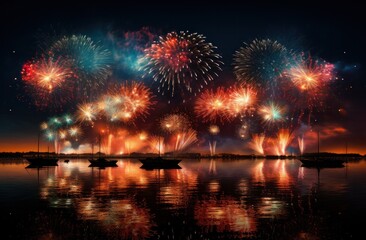 a large fireworks display over water,