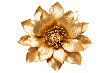 An artistically rendered metallic gold flower against a transparent backdrop, elegant and luxurious.