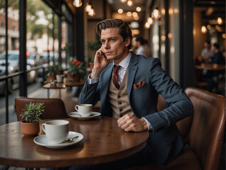 A man dressed in a fashion-forward suit, seated at a cozy cafe with his mobile phone.