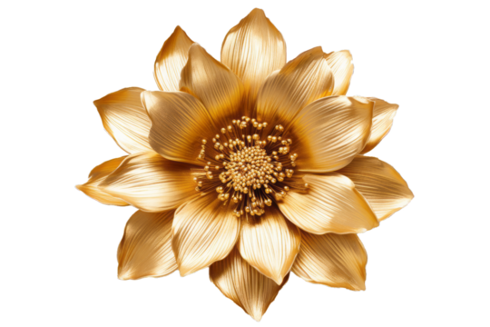 An artistically rendered metallic gold flower against a transparent backdrop, elegant and luxurious.