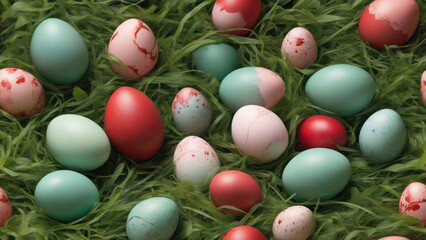 Vibrant Easter eggs, adorned with pastel hues, are carefully tucked into the rich, emerald blades of grass. Generated with AI