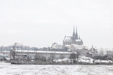 Obraz premium Church of Saints Peter and Paul - Petrov in the city of Brno in the Czech Republic Europe. Winter picture. there is a white dusting of snow around.