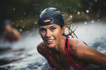 Focused woman triathlete swimming in rain - obrazy, fototapety, plakaty