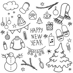 Christmas doodle set drawn by hand on a white illustrated background. Vector icons, Christmas tree, snowflakes, snowman, sock, gifts and toys.