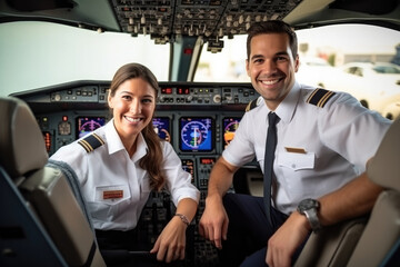 Two pilots male and female of an international passenger flight sitting in the cockpit of an airplane, with vehicle dashboard commands, buttons, switches and monitors