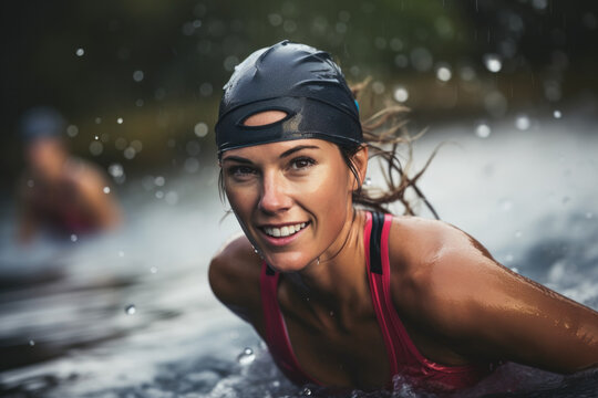 Focused woman triathlete swimming in rain