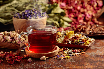 Herbal tea and a mix of various dried medicinal plants and herbs.