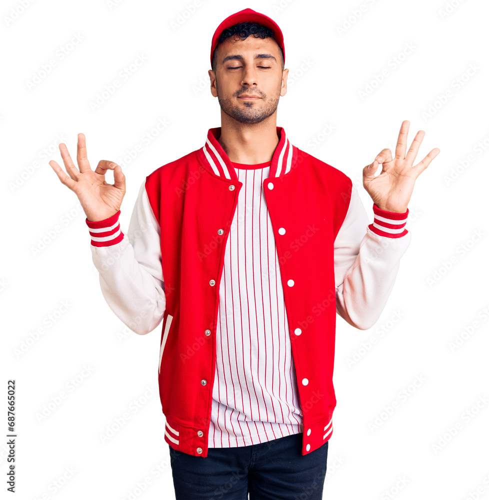 Canvas Prints Young hispanic man wearing baseball uniform relax and smiling with eyes closed doing meditation gesture with fingers. yoga concept.