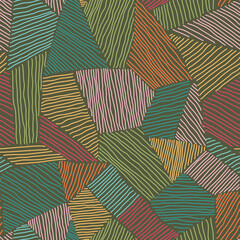 Dark endless colorful mosaic pattern of textured geometric shapes.