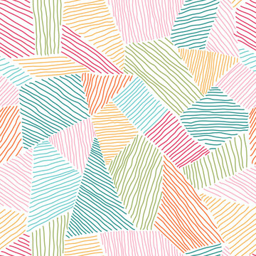 Seamless colorful mosaic pattern of textured geometric shapes.