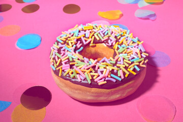 A Sprinkle Chocolate Doughnut and Confetti on a Pink Background