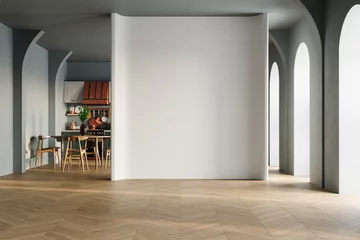 Fotobehang Per kamer Beautiful studio apartment which has living room, kitchen and dining table in the same area with blank wall. Home products background, Backdrop, Indoors, Interior  © leymandesign