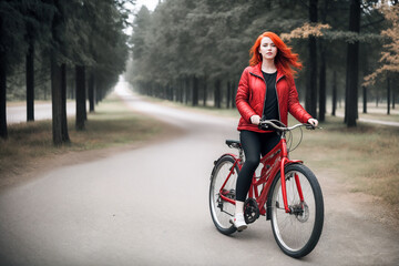 Redhead woman in a short dress on a bicycle in the forest.Creative designer fashion glamour art.