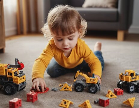 A child in a yellow shirt joyfully playing with toy construction vehicles and building blocks on a carpeted floor.