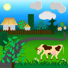 Obraz na płótnie Canvas Village houses, trees, a path, a cow grazing in the meadow.