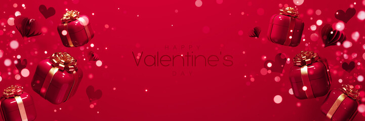 Valentine's Day greeting card design. Red gift boxes with hearts and text on red background. 3D Rendering, 3D Illustration