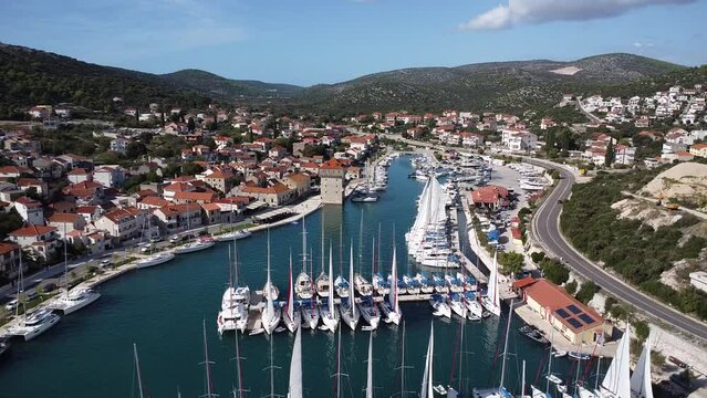 The shot of harbor with the sailboats and yachts in Bilo on the Adriatic Sea - forward footage - not edited or color graded