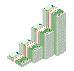 Isometric stacks of 100 Euro banknotes rising up graph. Big pile of money. Cash flow stairs. Notes are growing. Business concept. Vector illustration