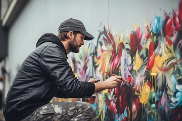 Graffiti writer painting his picture on the wall - Contemporary artist at work - Urban...