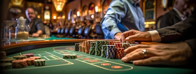 Table de jeu (poker, blackjack ou roulette) à l'intérieur d'un casino, gros plan sur les jetons et les mains