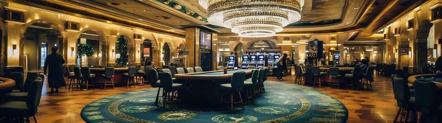 Intérieur d'un casino (poker, blackjack ou roulette), tapis au sol et lumière coloré - obrazy, fototapety, plakaty