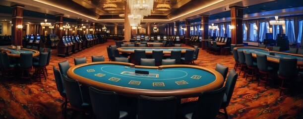 Fototapeta na wymiar Intérieur d'un casino (poker, blackjack ou roulette), tapis au sol et lumière coloré