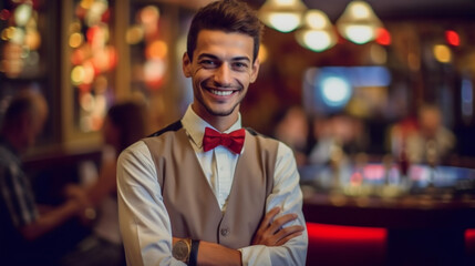 Obraz premium Croupier du casino pose à l'intérieur de l'établissement (machines à sous, poker, black jack et roulette).