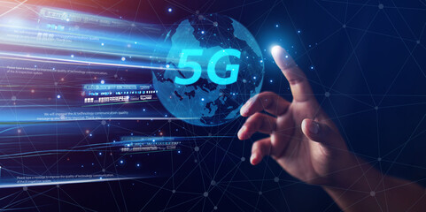 5g technology concept in the world of business people, hologram, high speed internet network technology.	