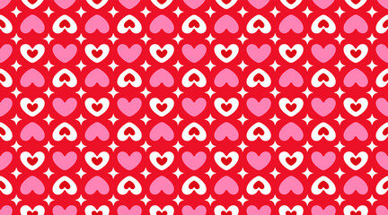 Simple retro seamless pattern with hearts, stars and sparkles perfect for Valentine's day, birthday wrapping paper, paper bags. Flat style design in red, pink, magenta colours. - 687667266