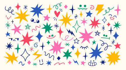 Vector set of hand drawn various colourful funny stars, sparks, wave shapes and comic creatures faces. Cute doodle design elements.