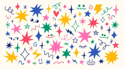 Foto op Plexiglas Vector set of hand drawn various colourful funny stars, sparks, wave shapes and comic creatures faces. Cute doodle design elements. © fireflamenco