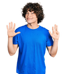 Caucasian teenager wearing casual clothes showing and pointing up with fingers number nine while smiling confident and happy.