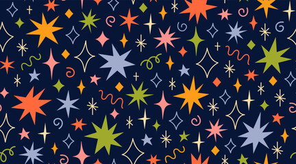 Colourful funny vector seamless pattern with random various hand drawn doodle stars and sparks. Christmas, birthday wrapping paper, background, wallpaper, textile..